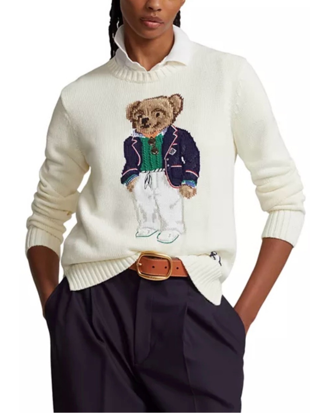 Polo by Ralph Lauren Cream Bear-Intarsia Cotton Sweater size sm